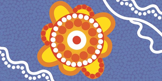 Aboriginal artwork. Orange design on blue backgrou