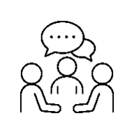 Icon of three people with speech bubbles over head.